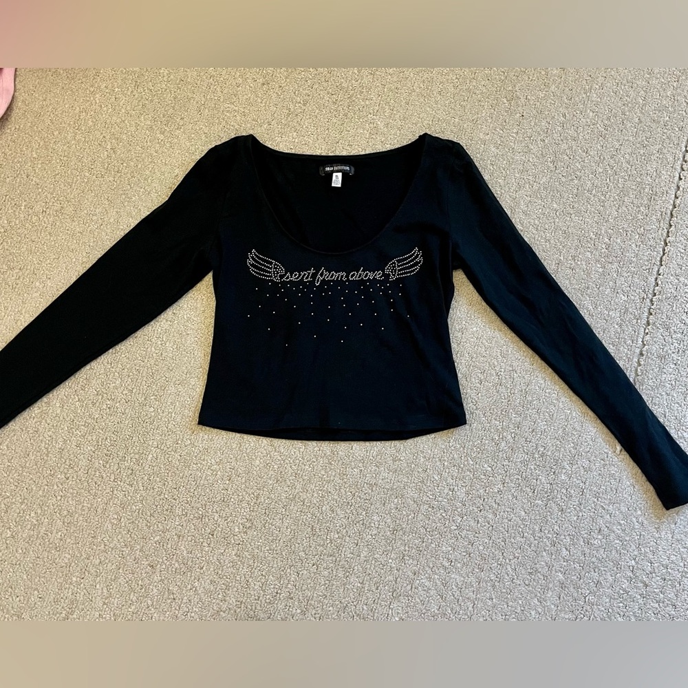 Black cropped long sleeve shirt with diamanté detailing